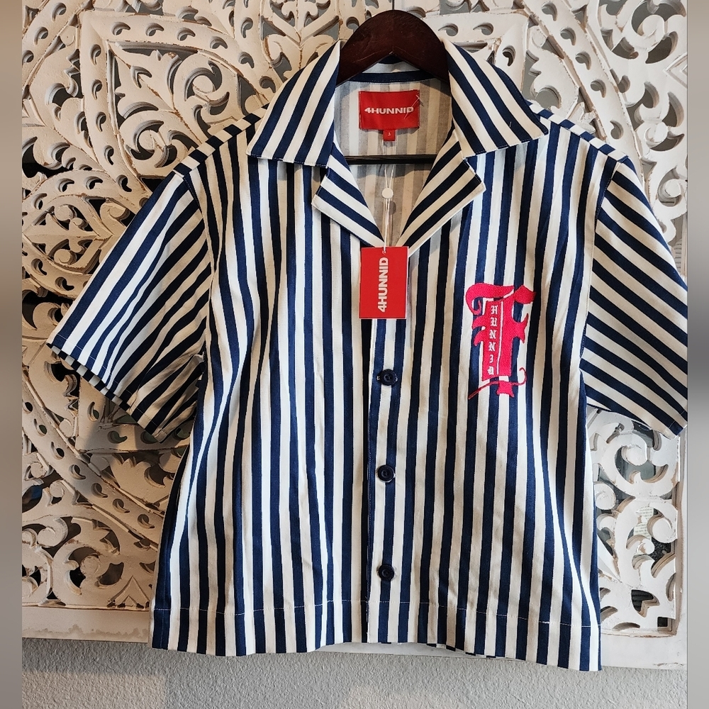 4HUNNID HAVANA STRIPES BUTTON UP CROPPED MENS SHIRT NWT SIZE SMALL - Picture 10 of 13